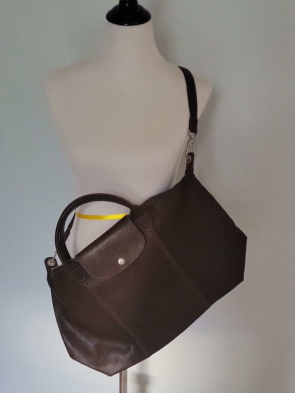 Longchamp Brown Leather Tote with Top Handles & Shoulder Strap